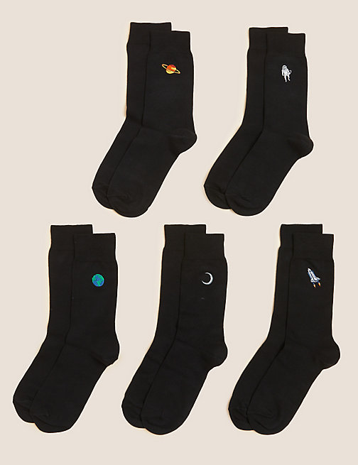 Marks And Spencer Mens M&S Collection 5pk Cool & Fresh Embroidered Socks - Black Mix, Black Mix