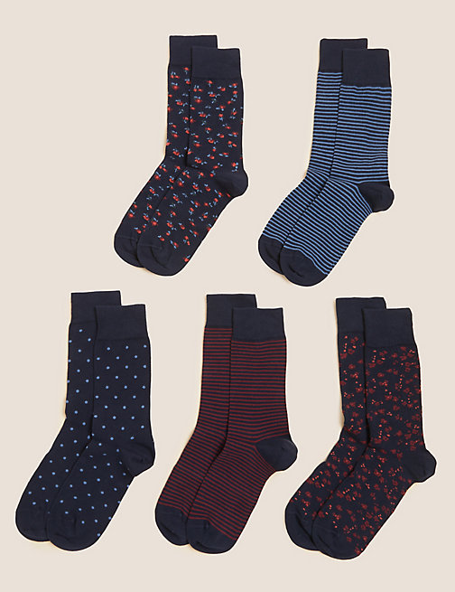 Marks And Spencer Mens M&S Collection 5pk Cool & Fresh Floral Striped Socks - Blue Mix