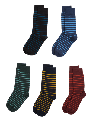 

Mens M&S Collection 5er-Pack gestreifte Cool & Fresh™-Socken mit hohem Baumwollanteil - Navy Mix, Navy Mix