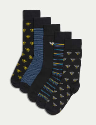 

M&S Collection Pack de 5 pares de calcetines Cool & Fresh™ de algodón con diseño de abejasMens - Black Mix, Black Mix