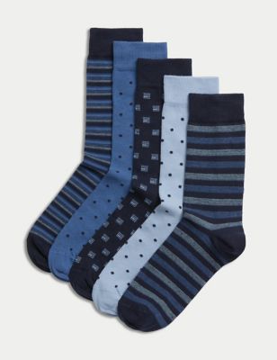 M&S Mens 5pk Cool & Freshtm Cotton Rich Socks - 9-12 - Blue Mix, Blue Mix