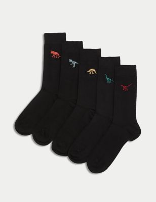 M&S Men's 5pk Cool & Fresh Dinosaur Cotton Rich Socks - 6-8.5 - Black Mix, Black Mix