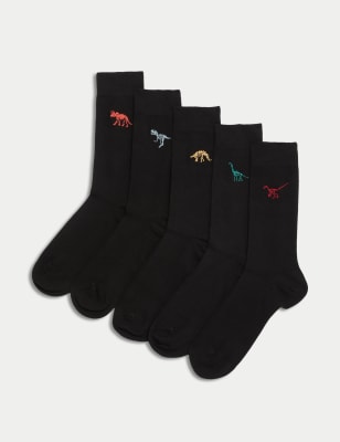 M&S Mens 5pk Cool & Fresh Dinosaur Cotton Rich Socks - 6-8.5 - Black Mix, Black Mix