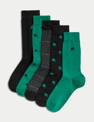 M&S Men's 5pk Cool & Fresh Shamrock Assorted Socks - 6-8.5 - Green Mix, Green Mix