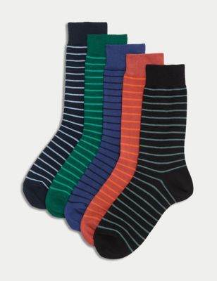 M&S Men's 5pk Cool & Fresh Striped Cotton Rich Socks - 6-8.5 - Multi, Multi
