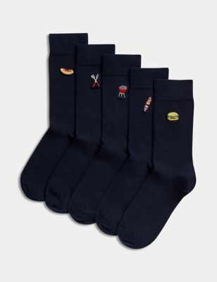 M&S Men's 5pk Cool & Fresh BBQ Cotton Rich Socks - 6-8.5 - Navy Mix, Navy Mix