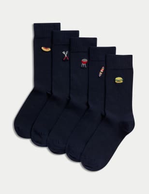 M&S Mens 5pk Cool & Fresh BBQ Cotton Rich Socks - 6-8.5 - Navy Mix, Navy Mix