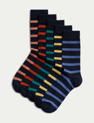 5pk Striped Cotton Rich Cushioned Socks, M&S Collection