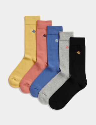 M&S Men's 5pk Embroidered Cotton Rich Cushioned Socks - 9-12 - Multi, Multi