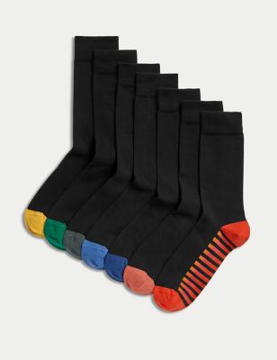 M&S Mens 7pk Cool & Freshtm Striped Socks - 9-12 - Black Mix, Black Mix