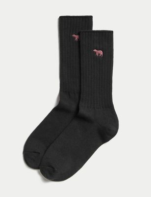 

Mens M&S Collection 2pk Cotton Rich Bear Ribbed Socks - Black, Black