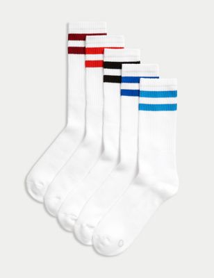 Goodmove Men's 5pk Striped Cotton Rich Cushioned Sports Socks - 6-8.5 - White Mix, White Mix
