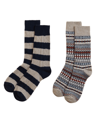 

Mens M&S Originals Harewood 2pk Lambswool Rich Socks - Beige Mix, Beige Mix