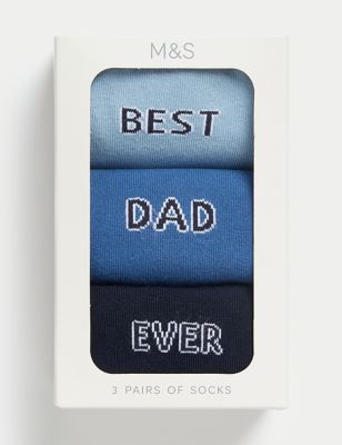M&S Men's 3pk Best Dad Ever Cotton Rich Socks - 6-8.5 - Blue Mix, Blue Mix