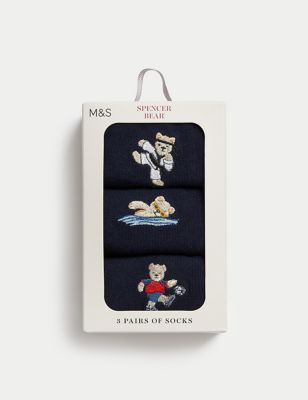 M&S Mens 3pk Spencer Bear Cotton Rich Socks Gift Box - 6-8.5 - Navy Mix, Navy Mix