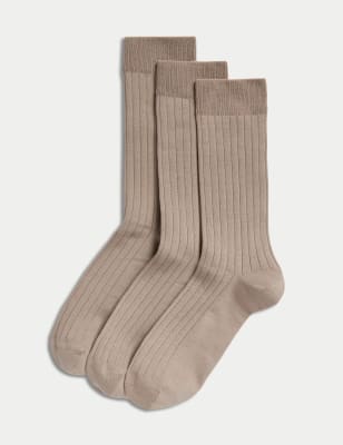 

M&S Collection Pack de 3 pares de calcetines de algodón egipcio acanaladosMens - Taupe, Taupe