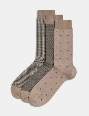 M&S Mens 3pk Geometric Egyptian Cotton Rich Socks - 6-8.5 - Taupe, Taupe