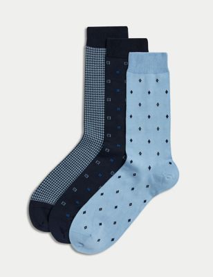 M&S Men's 3pk Foulard Egyptian Cotton Rich Socks - 9-12 - Blue Mix, Blue Mix