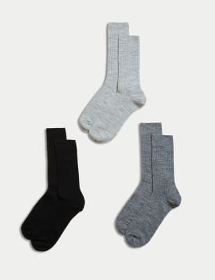 Marks And Spencer Mens M&S Collection 3pk Lambswool Smart Socks - Grey Mix, Grey Mix