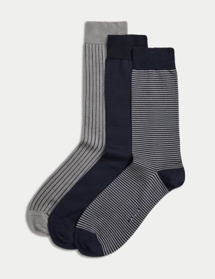 Jaeger Men's 3pk Striped Mercerised Cotton Rich Socks - 6-8.5 - Navy Mix, Navy Mix,Beige Mix