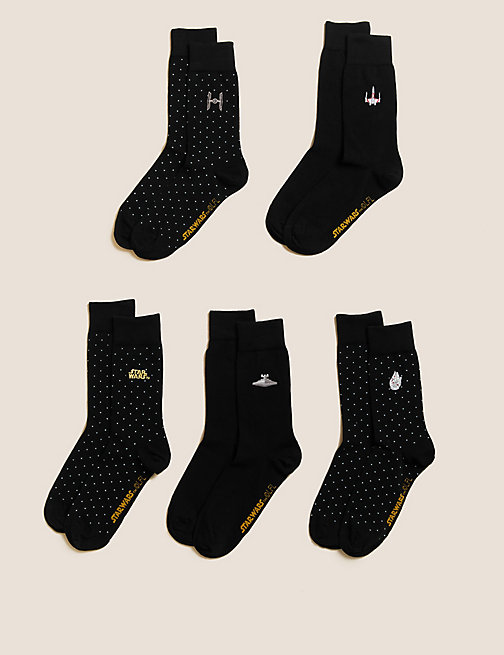 Marks And Spencer Mens M&S Collection 5pk Cotton Rich Star Wars Socks - Black Mix, Black Mix