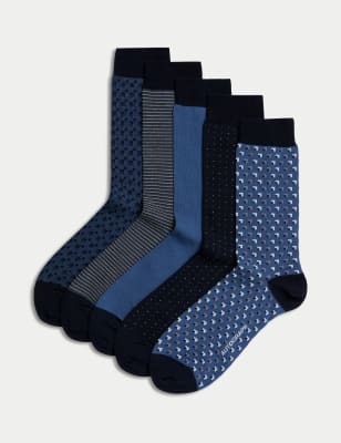 

Mens Autograph 5er-Pack Socken aus Pima-Baumwolle und Modal mit geometrischem Muster - Navy Mix, Navy Mix