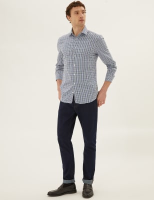

M&S Collection Camisa de vichy 100% algodón de corte ajustadoMens - Blue Mix, Blue Mix