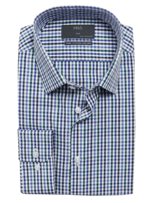 

Mens M&S Collection Schmal geschnittenes Hemd aus reiner Baumwolle mit Gingham-Muster - Blue Mix, Blue Mix