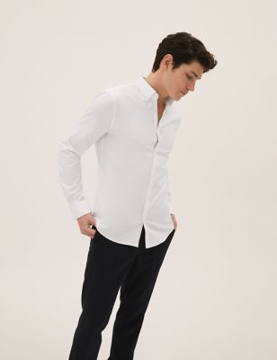 Marks And Spencer Mens M&S Collection Slim Fit Cotton Rich Textured Shirt - White, White
