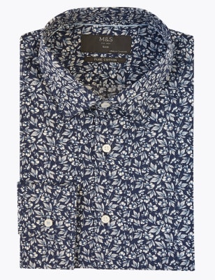 

Mens M&S Collection Slim Fit Pure Cotton Floral Print Shirt - Navy Mix, Navy Mix