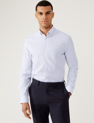 Marks And Spencer Mens M&S Collection Slim Fit Cotton Rich Stretch Shirt - White Mix, White Mix