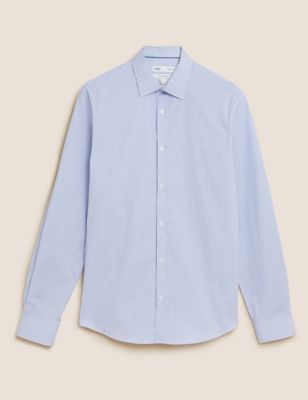 M&S Luxury Slim Fit Cotton Stretch Striped Shirt Collar 15.5" Blue 