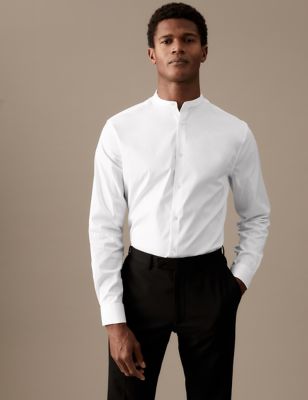 Slim Fit Cotton Stretch Grandad Collar Shirt - NO