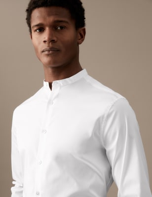 Slim Fit Cotton Stretch Grandad Collar Shirt