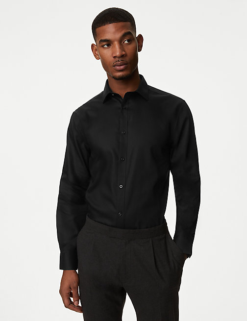 Marks And Spencer Mens M&S Collection Regular Fit Pure Cotton Non Iron Shirt - Black, Black