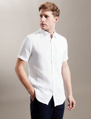 

JAEGER Mens Luxurious Pure Linen Short Sleeve Shirt - White, White