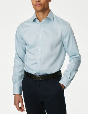 M&S Men's Regular Fit Non Iron Pure Cotton Textured Shirt - 19 - Green, Green,Blue,White,Pink