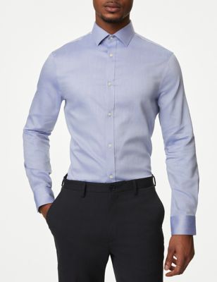 M&S Men's Slim Fit Non Iron Pure Cotton Textured Shirt - 18 - Blue, Blue,White