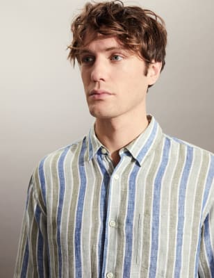 

JAEGER Mens Pure Linen Striped Shirt - Blue, Blue