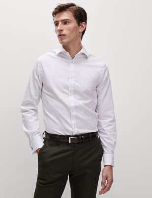 M&S Mens Slim Fit Pure Cotton Double Cuff Shirt - 15 - White, White