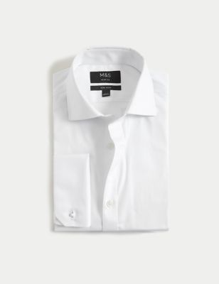 M&S Mens Slim Fit Pure Cotton Double Cuff Shirt - 15 - White, White