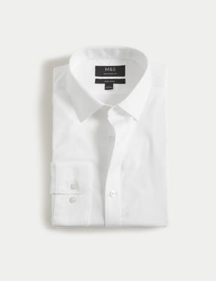M&S Mens Regular Fit Non Iron Pure Cotton Sateen Shirt - 14.5 - White, White