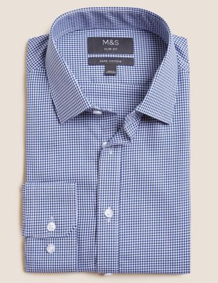 MARKS SPENCER M&S MENS NAVY CHECKED PURE COTTON  NON-IRON SLIM FIT SHIRT 18" 19"