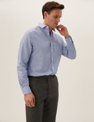 

Mens M&S Collection Gestreifte bügelfreie Hemden aus reiner Baumwolle in normaler Passform - Blue Mix, Blue Mix