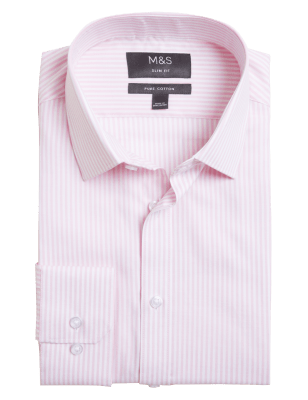 

M&S Collection Camisa 100% algodón de rayas de corte ajustadoMens - Pink, Pink