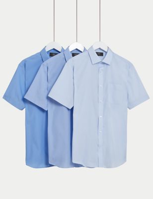 M&S Men's 3pk Slim Fit Easy Iron Short Sleeve Shirts - 15 - Blue, Blue