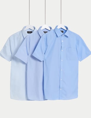 M&S Men's 3pk Slim Fit Easy Iron Short Sleeve Shirts - 15 - Blue, Blue