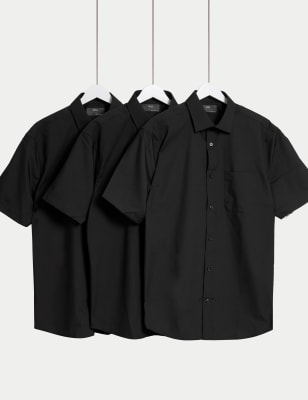 M&S Men's 3pk Regular Fit Easy Iron Short Sleeve Shirts - 15 - Black, Black