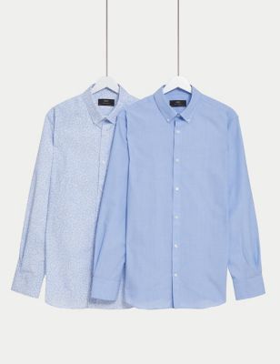 M&S Men's 2pk Regular Fit Easy Iron Floral Long Sleeve Shirts - 15 - Blue Mix, Blue Mix
