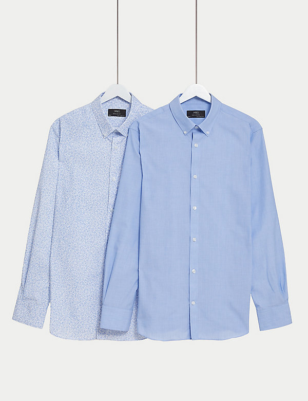 Set van 2 makkelijk strijkbare overhemden met lange mouwen, normale pasvorm en bloemmotief - BE